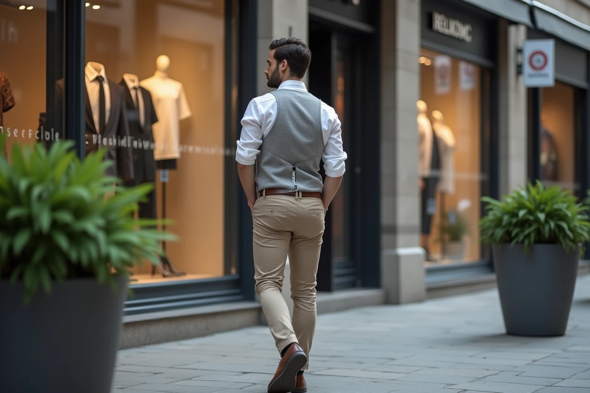 Jeune homme marche dans la ville en regardant les vitrines