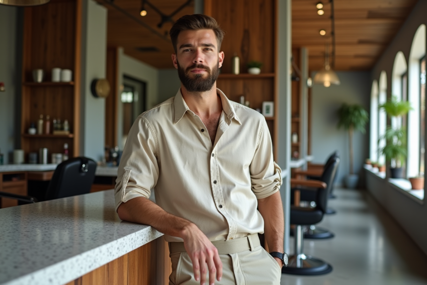 Homme avec barbe soignée dans un salon moderne