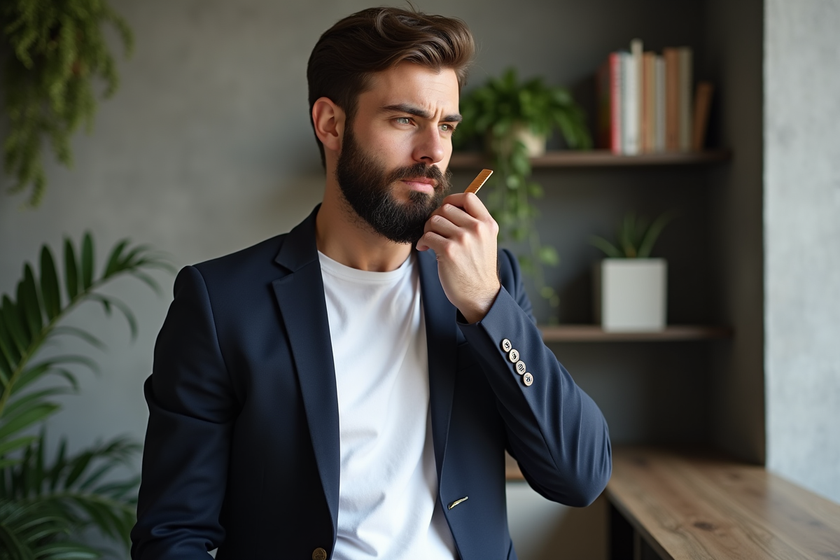 Homme barbu en blazer dans un appartement moderne