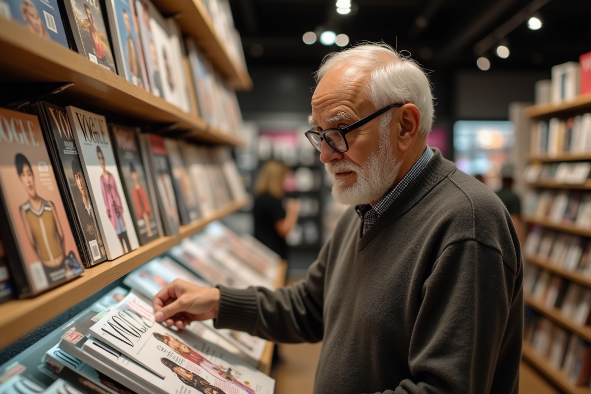 Homme âgé feuilletant Vogue dans une librairie moderne