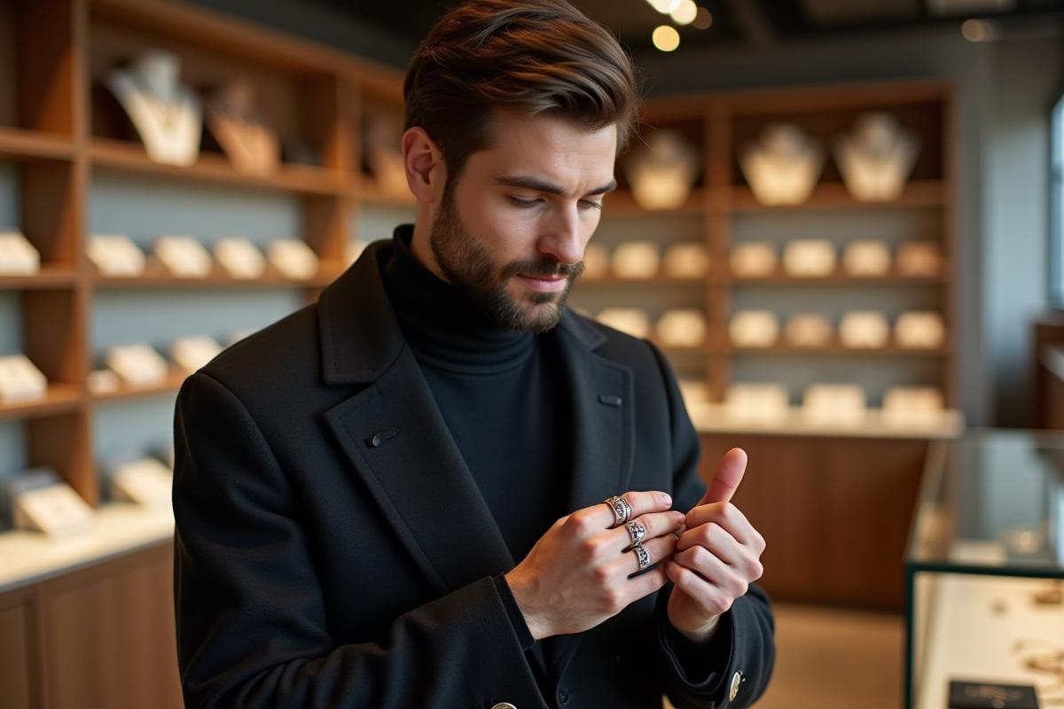 Homme examinant des bagues en argent dans une boutique moderne