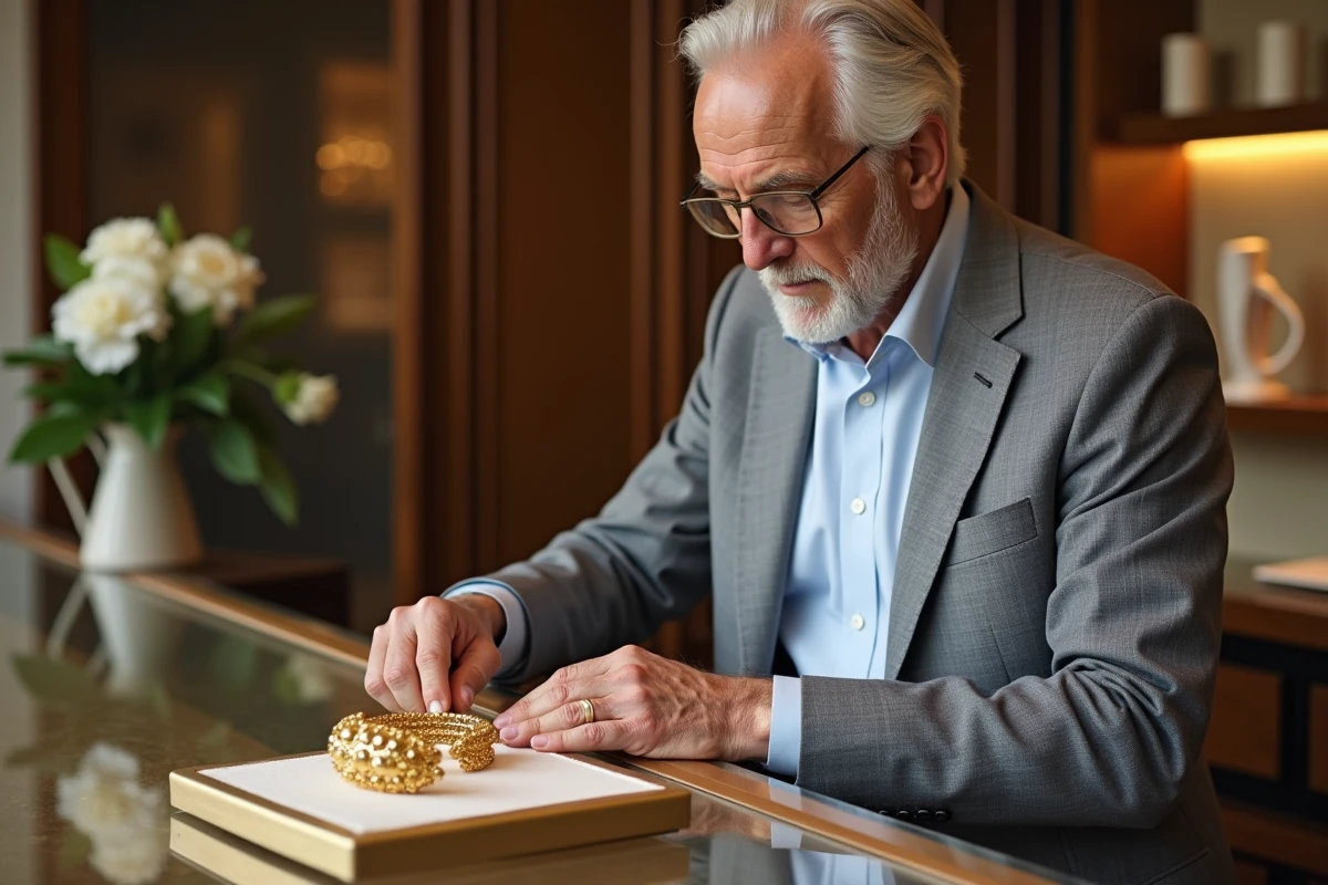 Homme regardant un bracelet en or dans une bijouterie