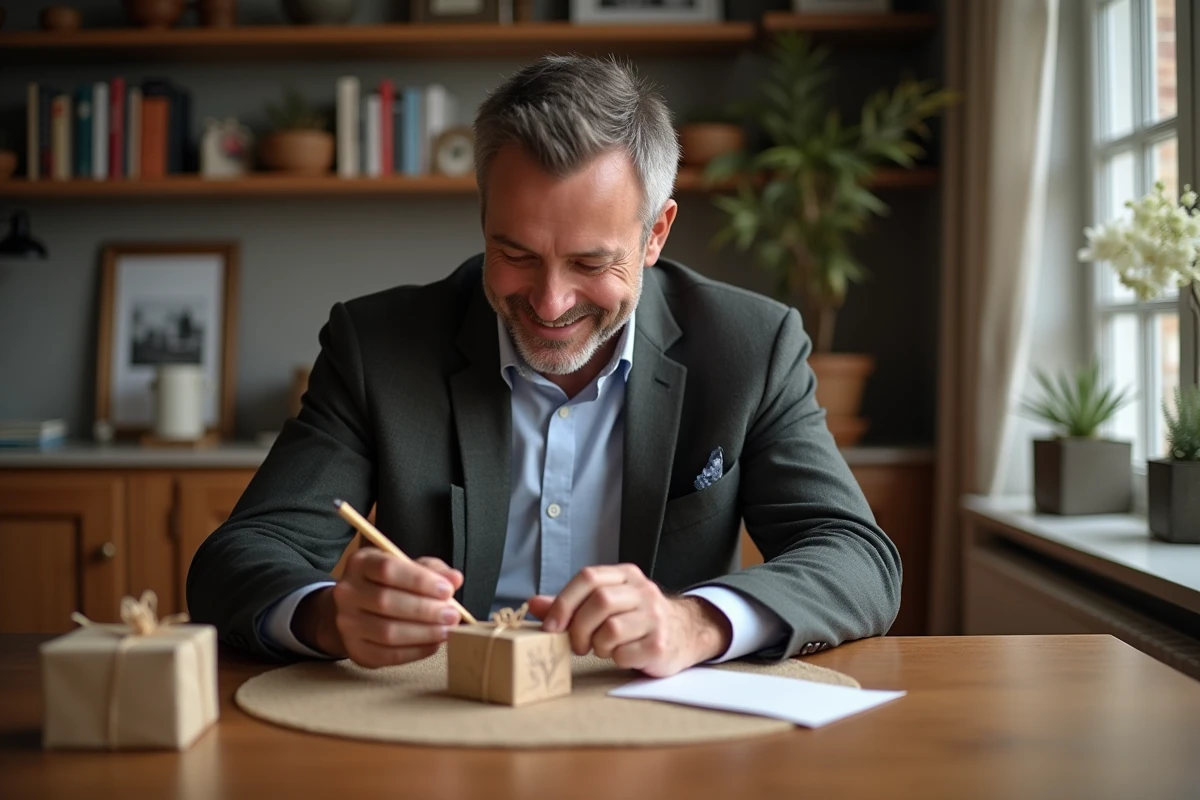 Homme préparant un cadeau dans un intérieur chaleureux