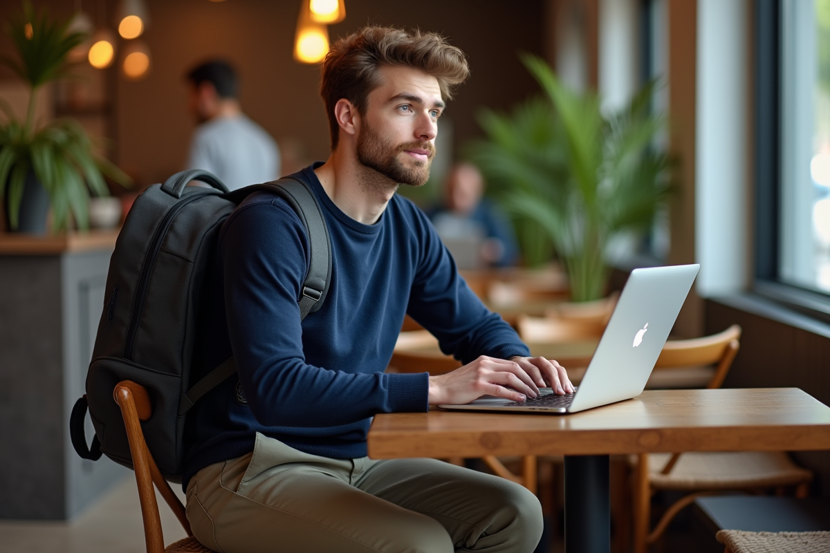 Homme au café avec sac à dos compact en intérieur
