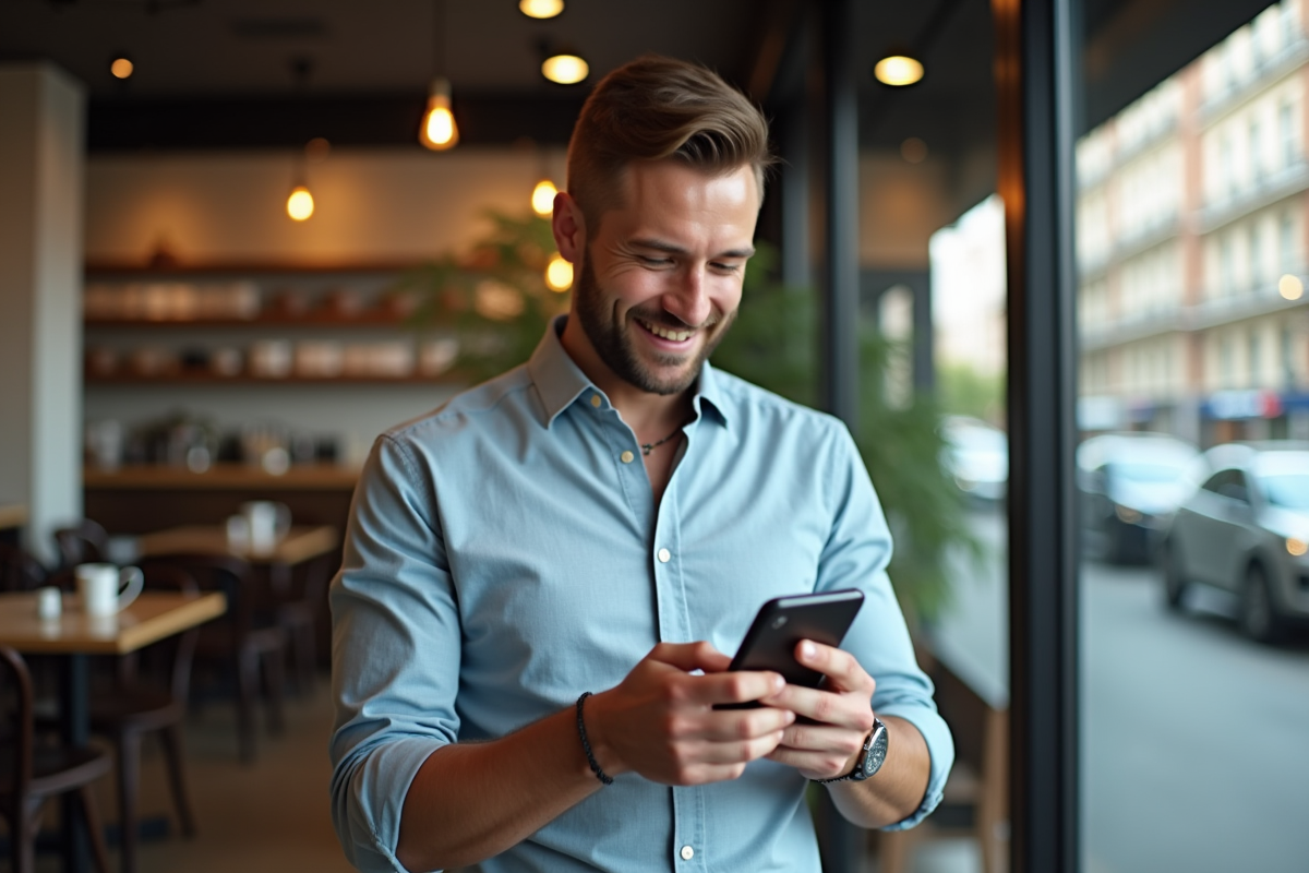 Homme souriant vérifiant son smartphone dans un café urbain