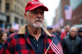 Homme d'âge moyen portant une casquette MAGA rouge lors d'un rassemblement politique américain en milieu urbain