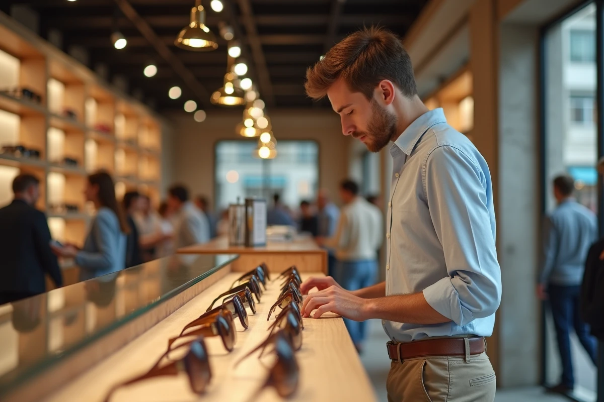 Jeune homme choisissant des lunettes dans une boutique moderne