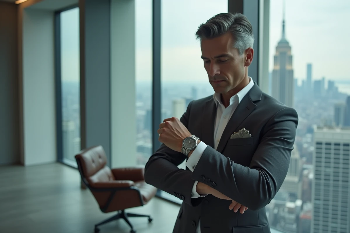 Homme en costume gris ajustant une montre en platine devant une fenêtre panoramique de gratte-ciels dans un bureau moderne