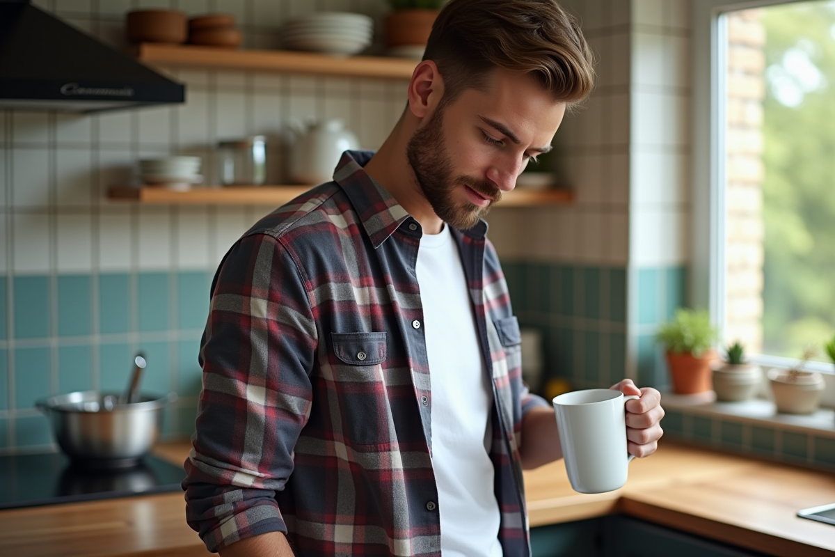 Homme en cuisine portant chemise à carreaux et t-shirt blanc