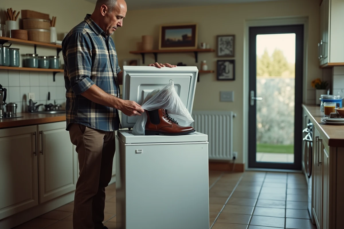 Homme retirant des chaussures en cuir du congélateur