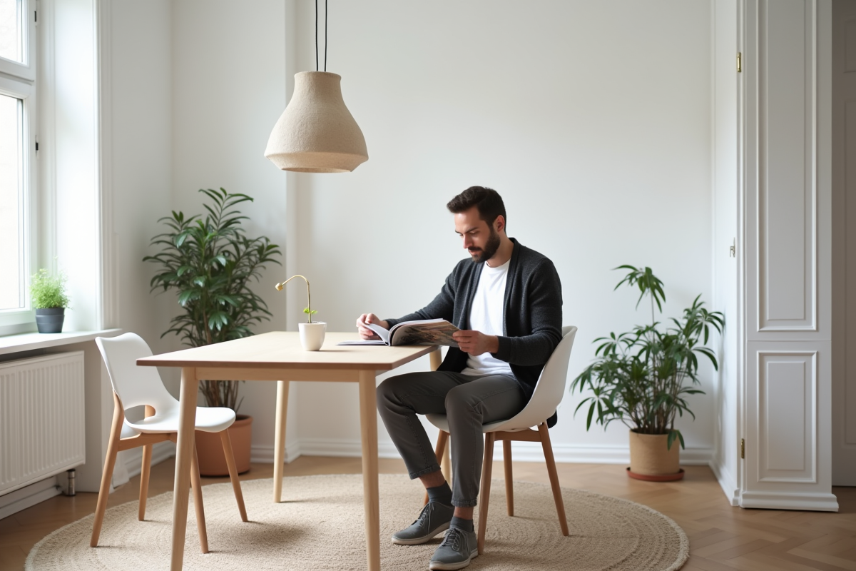 Homme lisant un magazine dans un intérieur scandinave lumineux