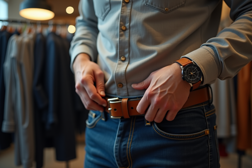 Homme dans un magasin de vêtements compare des ceintures modernes