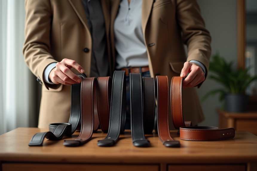 Homme et femme comparant des ceintures en cuir dans une chambre moderne