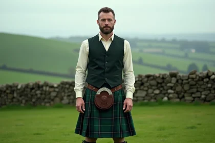 Homme portant un kilt irlandais bien ajusté dans un paysage irlandais verdoyant, illustrant le guide de choix de taille pour kilt irlandais