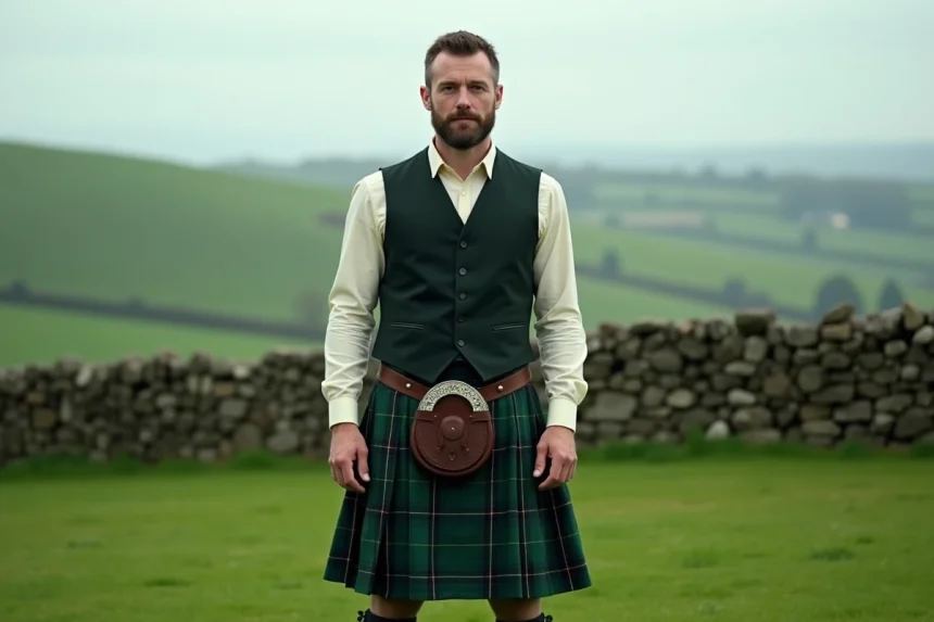Homme portant un kilt irlandais bien ajusté dans un paysage irlandais verdoyant, illustrant le guide de choix de taille pour kilt irlandais