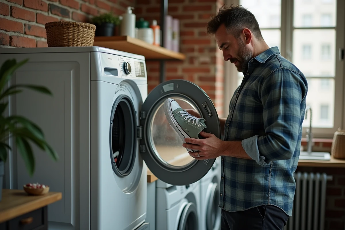 Homme inspecte des sneakers dans une buanderie urbaine