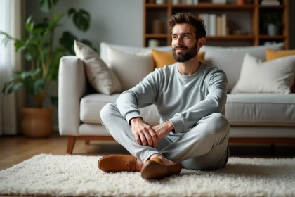 Homme d&eacute;tendu en loungewear et babouches dans un salon cosy