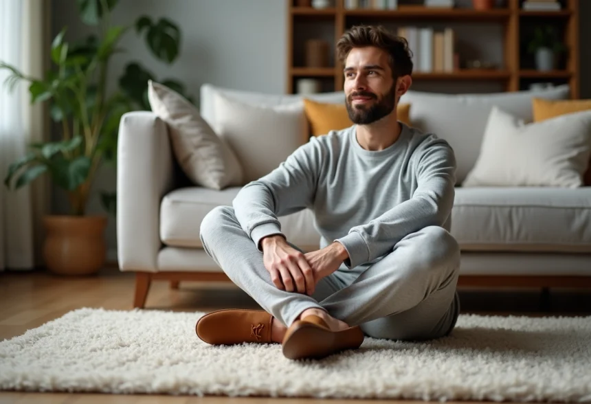 Homme détendu en loungewear et babouches dans un salon cosy
