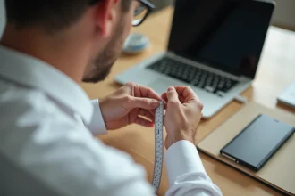 Homme mesurant son anneau avec un ruban de couture