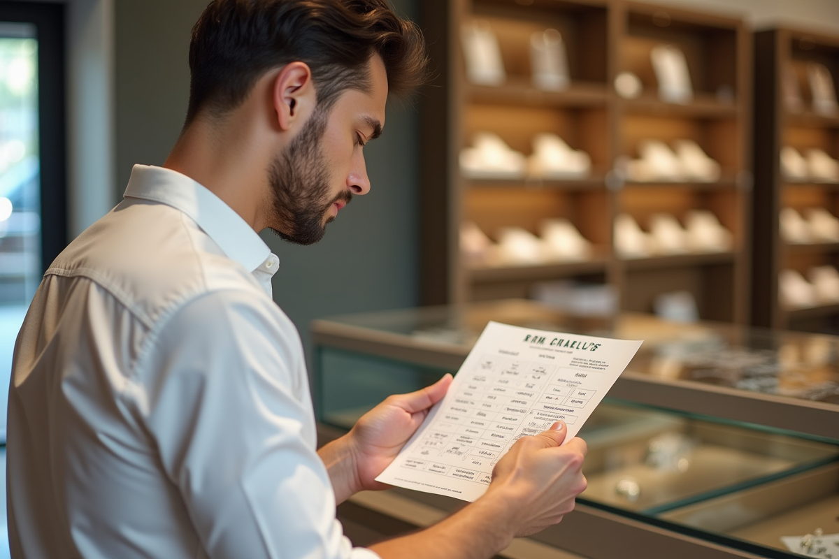 Jeune homme consultant un tableau de taille de bagues en boutique