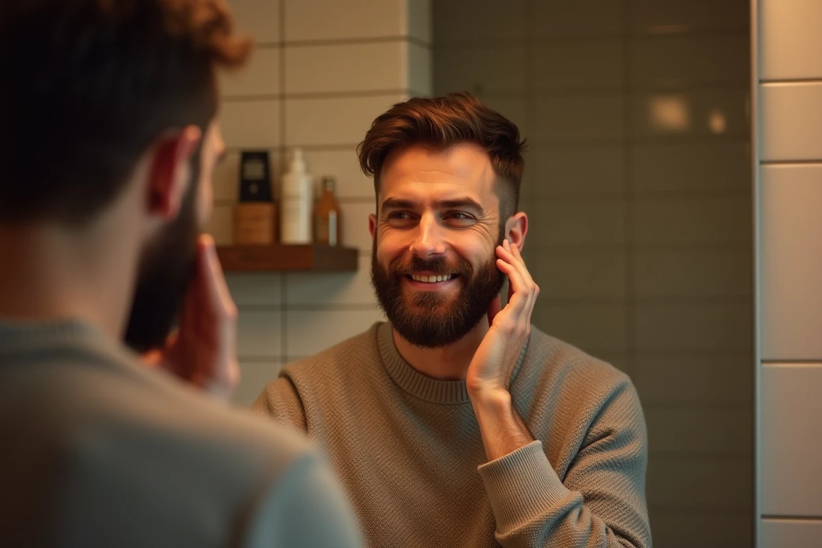 Homme barbu se regardant dans le miroir en intérieur