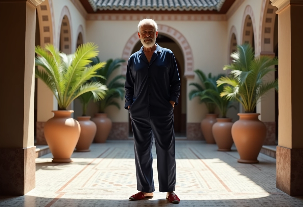 Homme en pyjamas et babouches dans une cour intérieure élégante