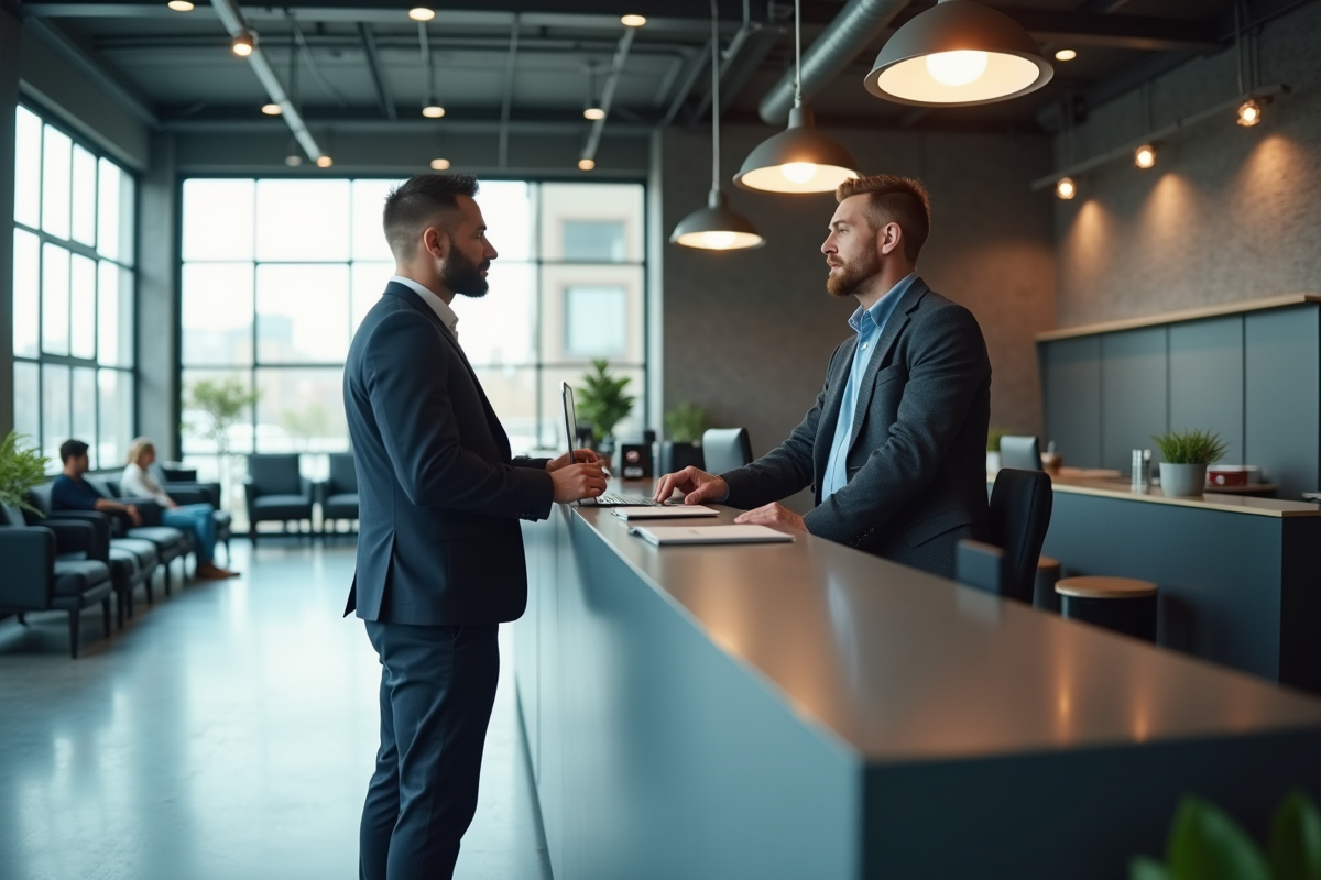 Homme d affaires parlant à la reception dans une usine