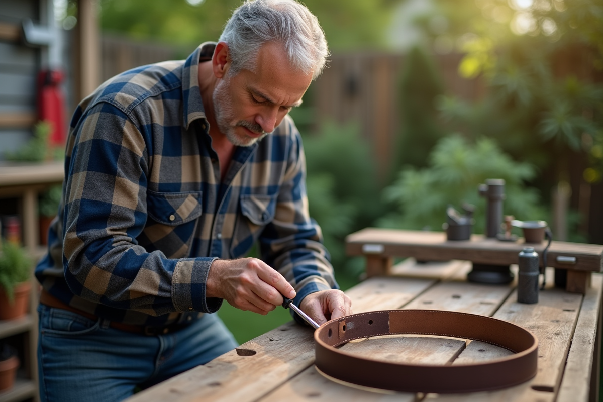 Homme bricolant une ceinture en cuir dans le jardin