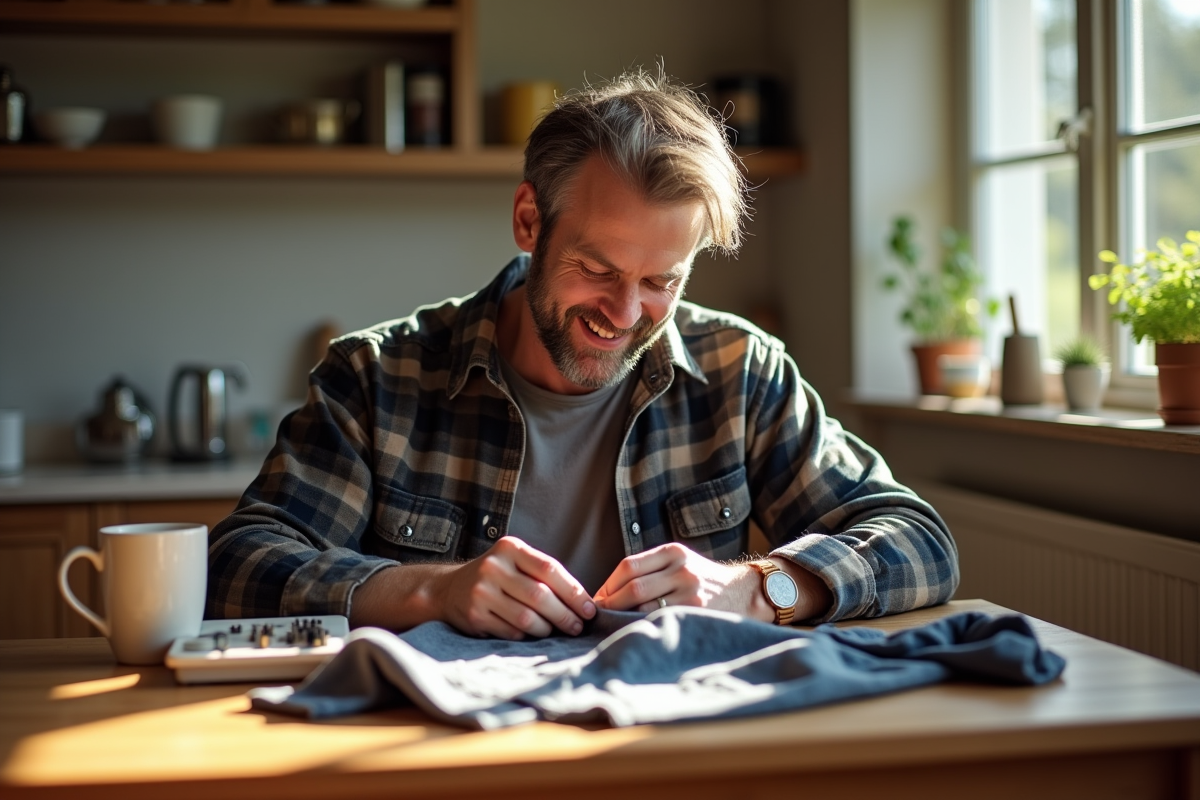 Homme réparant un bouton sur sa veste à la cuisine