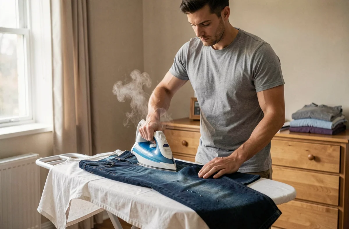 Homme repassant un jean en denim humide sur une planche à repasser pour le faire rétrécir définitivement sans altérer la couleur