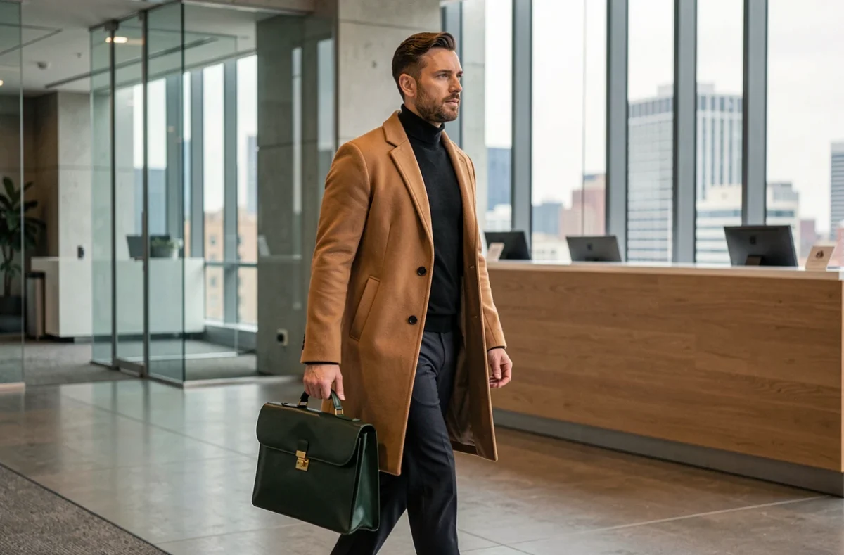 Homme en manteau camel portant une sacoche en cuir vert forêt dans un hall de bureau moderne