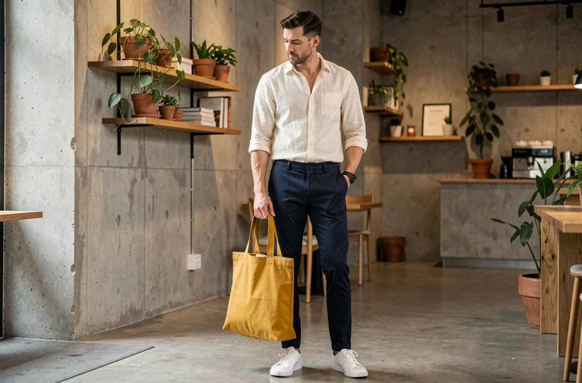Homme casual en chino marine avec une sacoche toile jaune moutarde dans un café urbain minimaliste