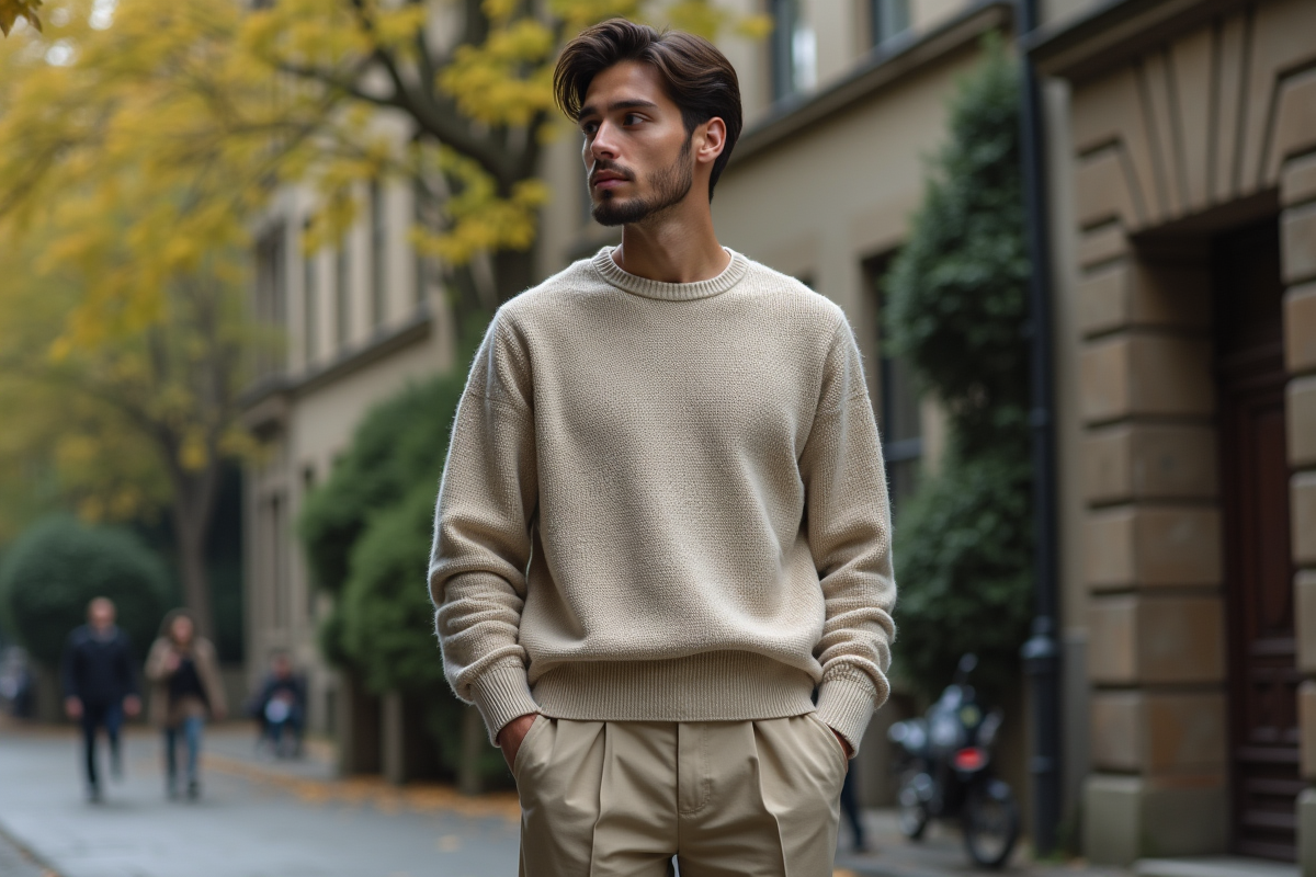 Homme en tenue décontractée dans un décor urbain naturel