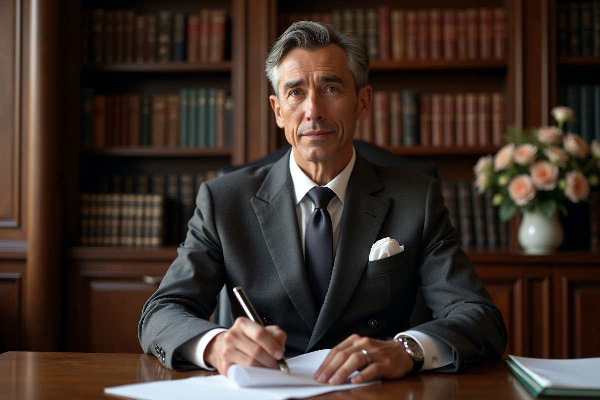 Homme en costume dans un bureau avec bibliothèque