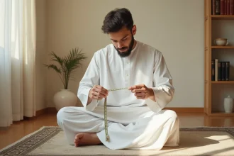 Jeune homme en thobe blanc mesurant la longueur de son vêtement islamique pour respecter la sunna vestimentaire