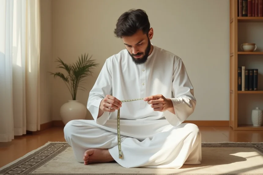 Jeune homme en thobe blanc mesurant la longueur de son vêtement islamique pour respecter la sunna vestimentaire