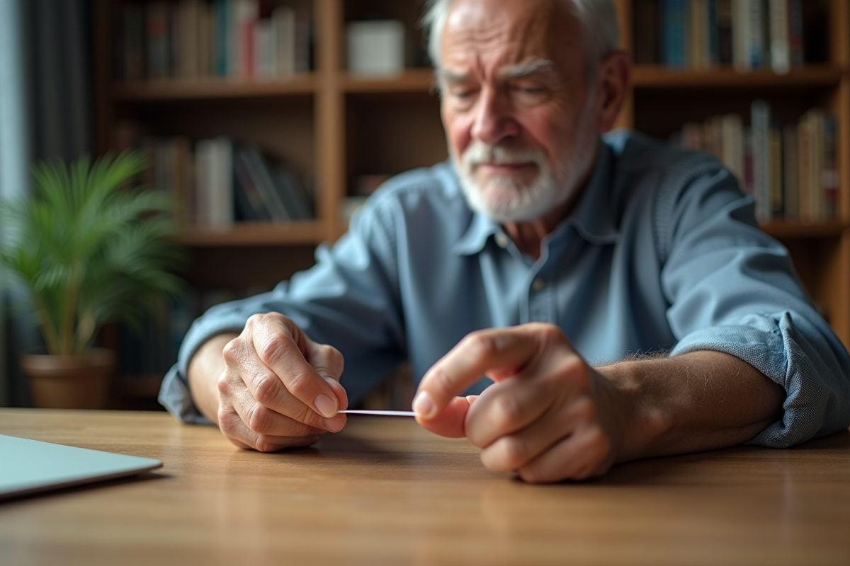 Homme âgé traçant le tour de son doigt avec une ficelle