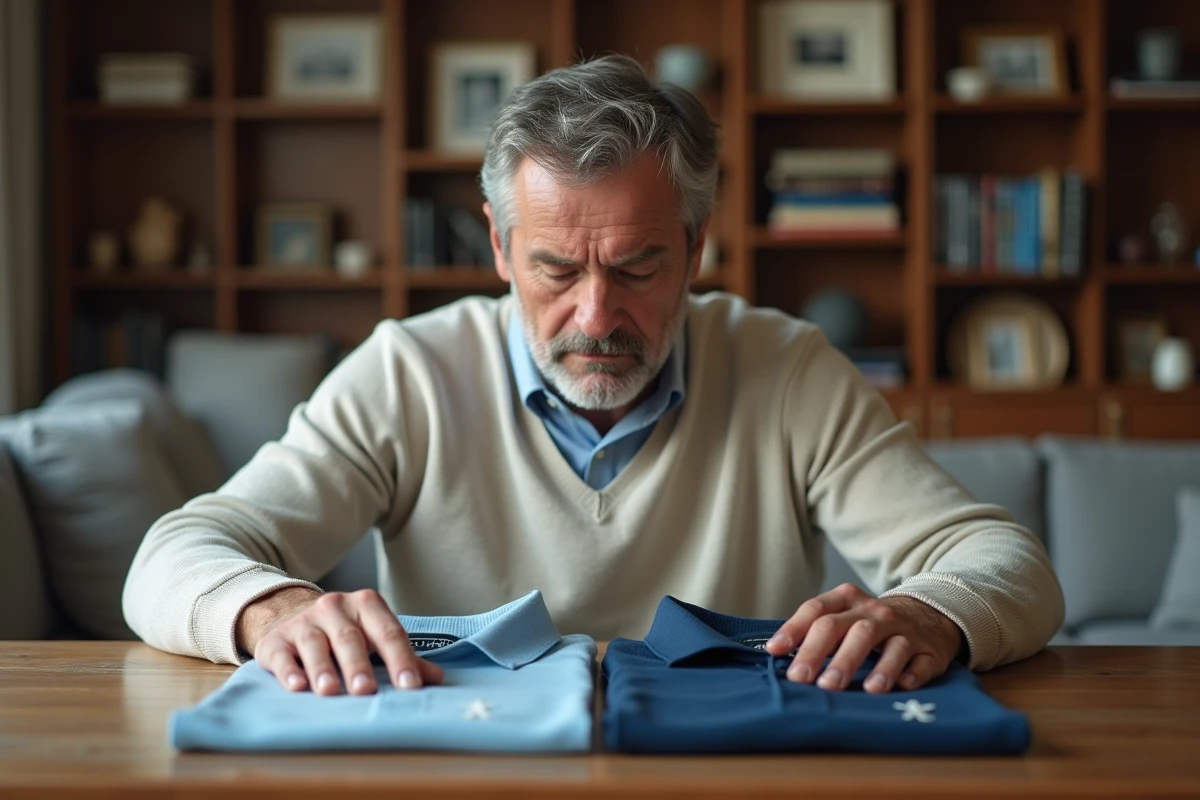 Homme comparant deux polos pour d&eacute;tecter une contrefa&ccedil;on