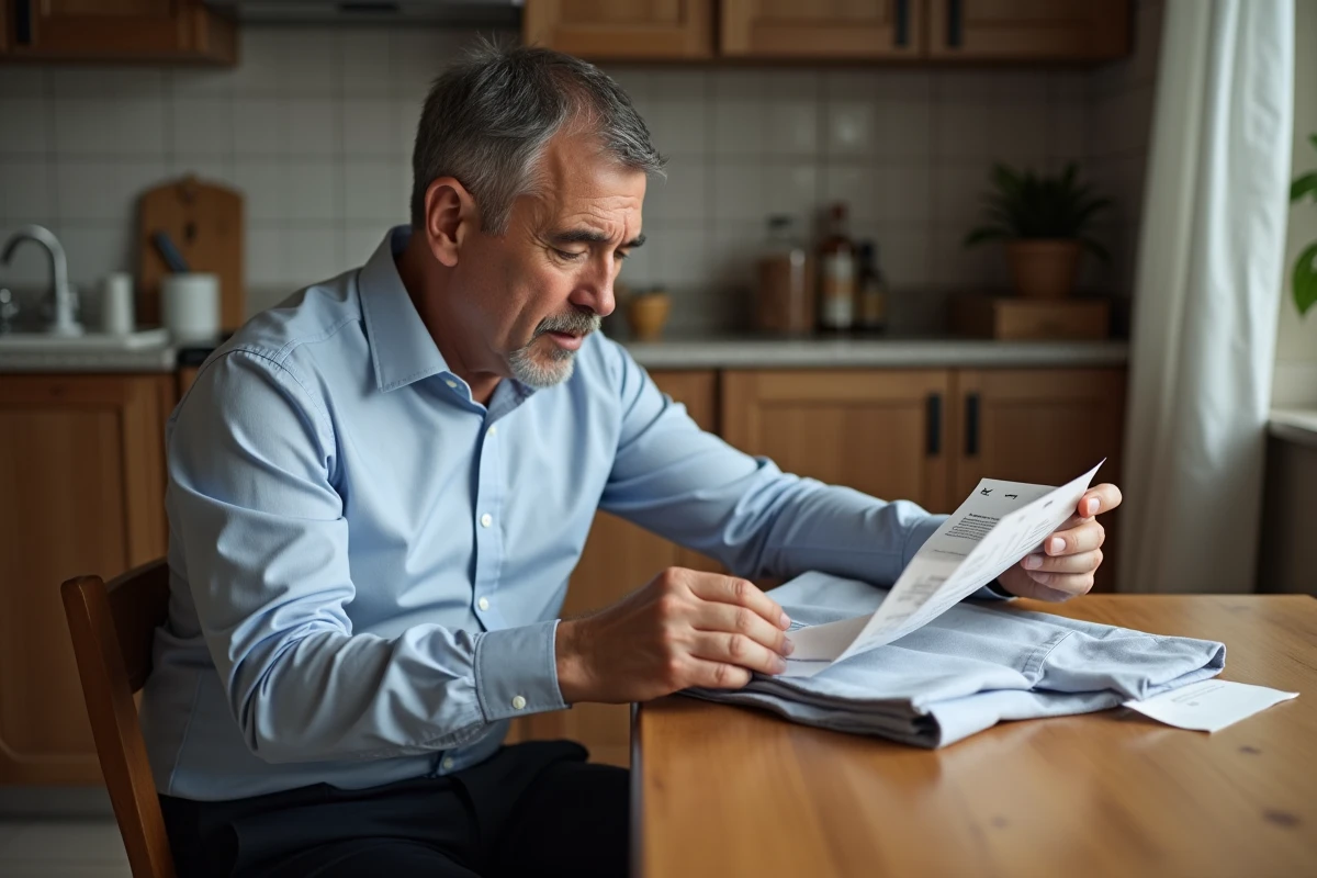 Homme à la maison inspectant une étiquette de sécurité