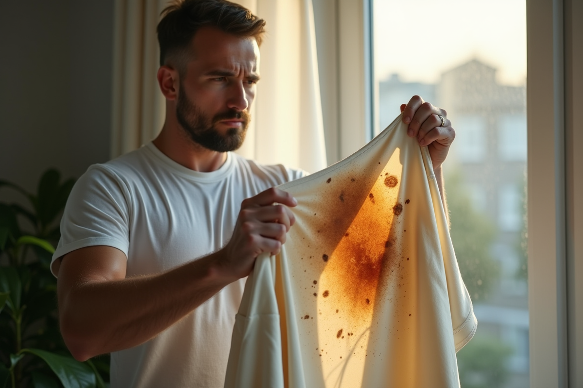 Homme montrant un vêtement abîmé près d