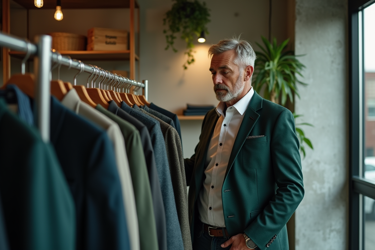 Homme en blazer vert dans une boutique moderne et minimaliste