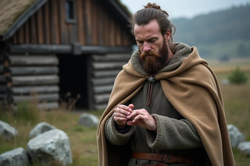 Homme viking avec anneau en argent dans un décor extérieur