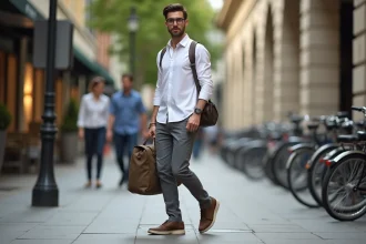 Homme élégant ajustant un sac à bandoulière en ville