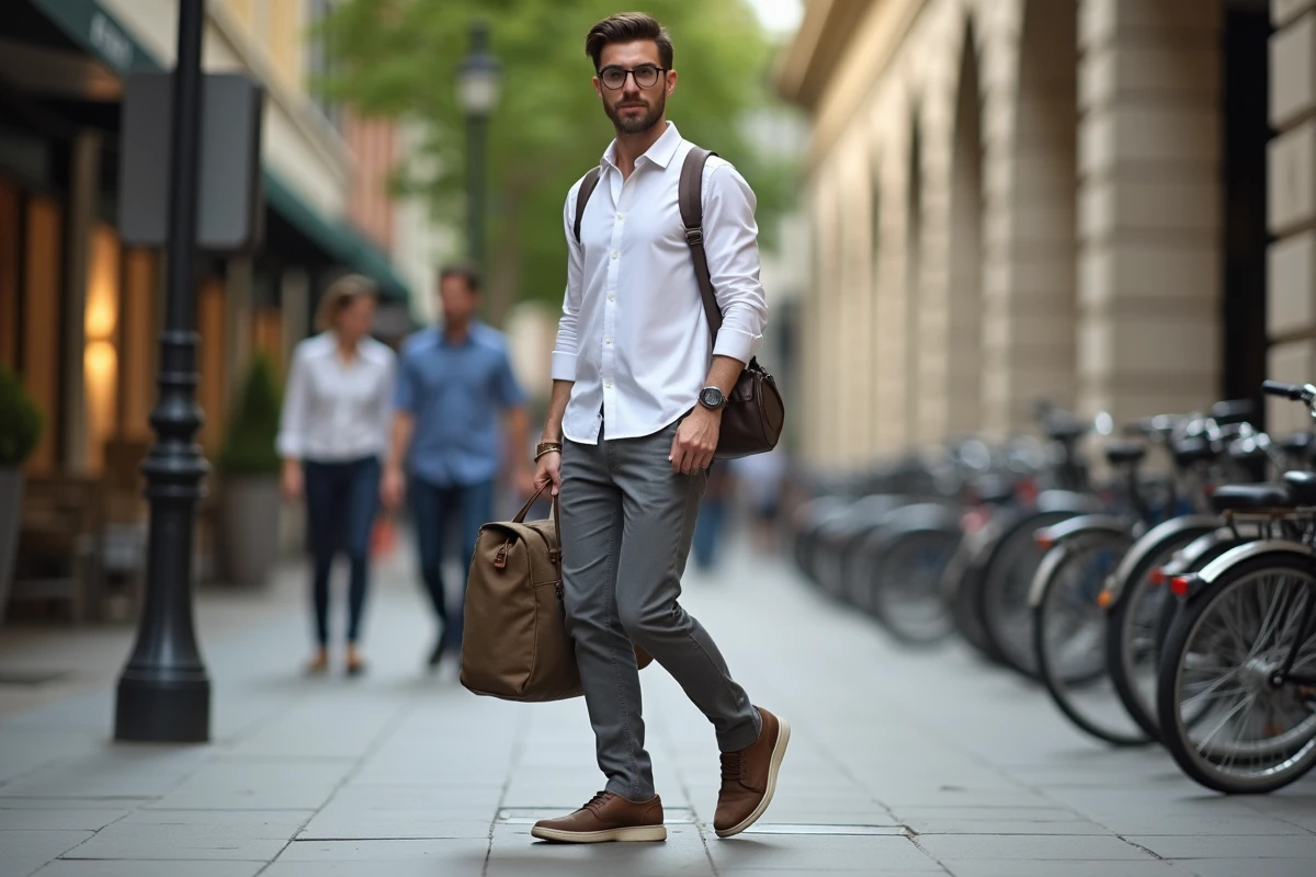 Homme élégant ajustant un sac à bandoulière en ville