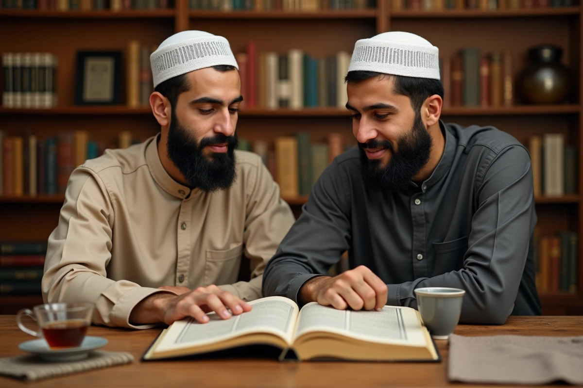 Deux hommes en tenue islamique modeste consultant un livre sur la sunna vestimentaire dans une bibliothèque communautaire
