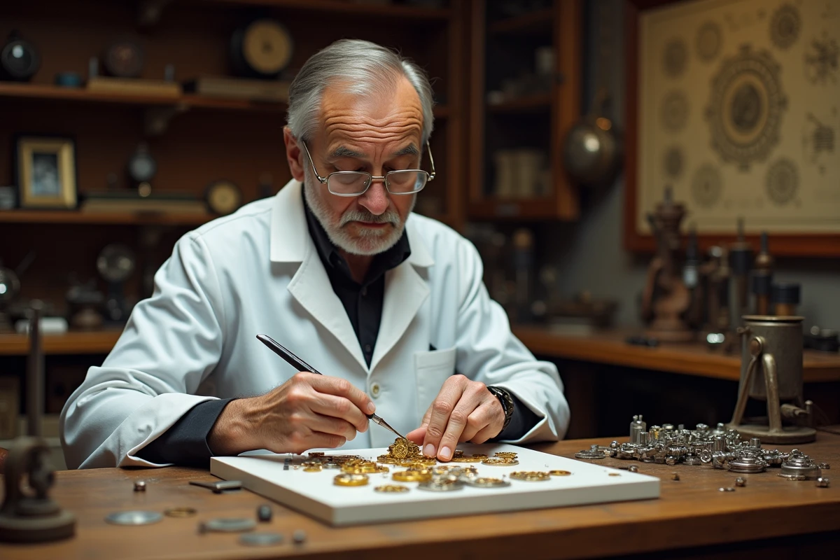 Maître horloger suisse examinant le mouvement démonté d'une montre de grande complication dans un atelier artisanal traditionnel