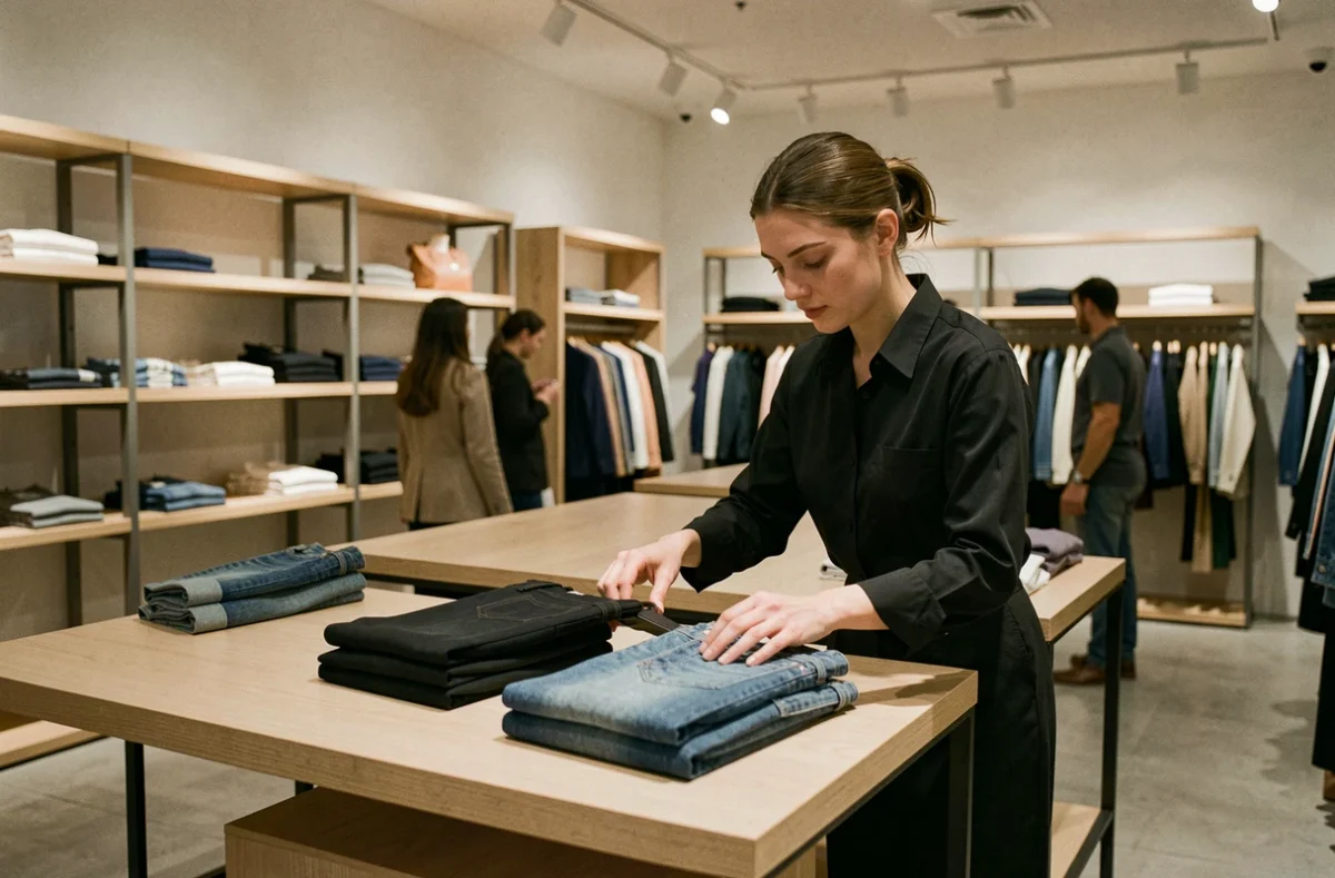 Intérieur d'un magasin Zara avec des rayons peu fournis et une employée rangeant des vêtements