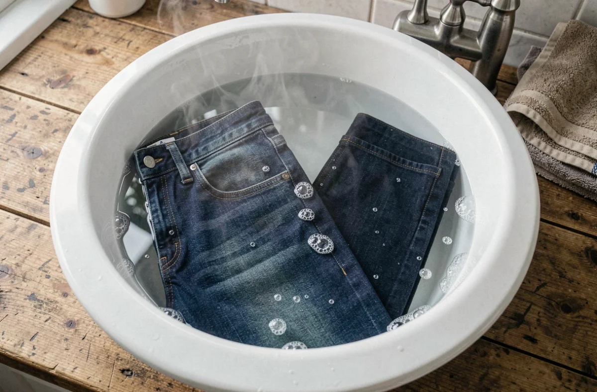 Jean en denim bleu foncé trempé dans un bain d'eau chaude dans une bassine blanche pour le faire rétrécir tout en préservant sa couleur