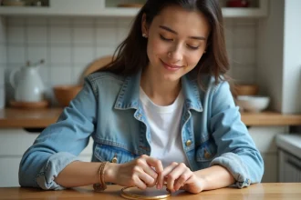 Jeune femme en blanc et denim portant un bracelet or