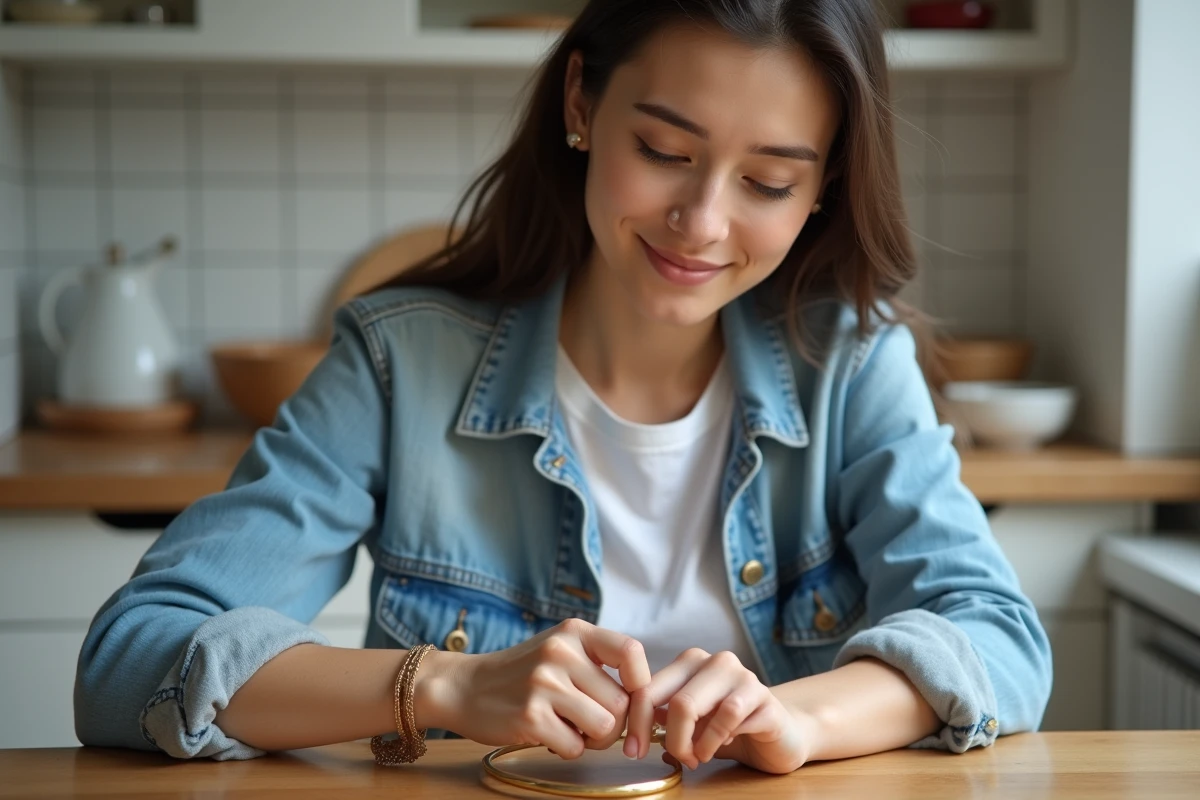 Jeune femme en blanc et denim portant un bracelet or